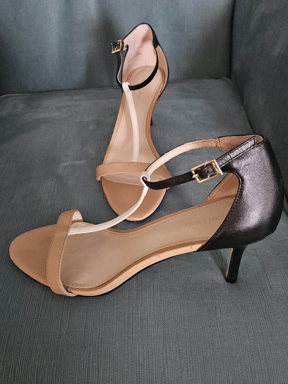 Calvin Klein Women's T-Strap Heeled Sandals in Black, White & Tan